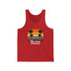 Red TriBlend unisex pickleball tank top with a retro sunset circle with silhouetted palm trees and "West Coast Pickleball" script text
