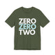 Military green t-shirt with a stacked ZERO ZERO TWO text design