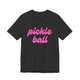 Dark grey heather pickleball t-shirt with a pink script Pickle Ball text design