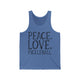 Blue TriBlend unisex pickleball tank top with peace sign, heart, and pickleball paddle icons above "Peace, Love, Pickleball" text