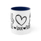White mug with a Navy accent and a "Peace Love Pickleball" design with a peace-sign hand, a heart, and a paddle and ball