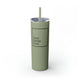 Glitter Seascape skinny tumbler with straw and a "DINK DRINK DINK" wordmark in a bordered box