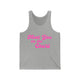 Athletic heather pickleball tank top with a pink script Meet You on the Court text design