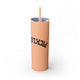 Glitter Blush skinny tumbler with straw and an upside-down "PICKLEBALL" wordmark