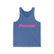 Blue triblend pickleball tank top with a pink script Pickleball text design