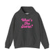 Dark heather pickleball hoodie with a pink script What's the Score text design