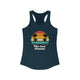Solid Midnight Navy pickleball racerback tank top with a retro sunset circle with silhouetted palm trees and "West Coast Pickleball" script text