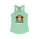 Solid Mint pickleball racerback tank top with a retro sunset circle with silhouetted palm trees and "West Coast Pickleball" script text