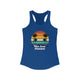 Solid Royal pickleball racerback tank top with a retro sunset circle with silhouetted palm trees and "West Coast Pickleball" script text