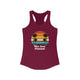 Solid Cardinal Red pickleball racerback tank top with a retro sunset circle with silhouetted palm trees and "West Coast Pickleball" script text