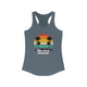 Solid Indigo pickleball racerback tank top with a retro sunset circle with silhouetted palm trees and "West Coast Pickleball" script text