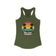 Solid Military Green pickleball racerback tank top with a retro sunset circle with silhouetted palm trees and "West Coast Pickleball" script text