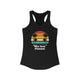 Solid Black pickleball racerback tank top with a retro sunset circle with silhouetted palm trees and "West Coast Pickleball" script text