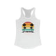 Solid White pickleball racerback tank top with a retro sunset circle with silhouetted palm trees and "West Coast Pickleball" script text