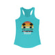 Solid Tahiti Blue pickleball racerback tank top with a retro sunset circle with silhouetted palm trees and "West Coast Pickleball" script text
