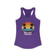 Solid Purple Rush pickleball racerback tank top with a retro sunset circle with silhouetted palm trees and "West Coast Pickleball" script text