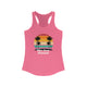 Solid Hot Pink pickleball racerback tank top with a retro sunset circle with silhouetted palm trees and "West Coast Pickleball" script text