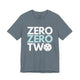 T-shirt with a stacked ZERO ZERO TWO text design and a pickleball replacing the O in two
