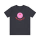 Heather Navy pickleball t-shirt with a pink smiley face graphic over "Pickleball" text