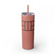 Glitter Dusty Rose skinny tumbler with straw and a line-art illustration of a pickleball court