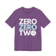 Heather team purple t-shirt with a stacked ZERO ZERO TWO text design and a pickleball replacing the O in two