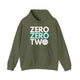 Military green hoodie with a stacked ZERO ZERO TWO text design and a pickleball replacing the O in two