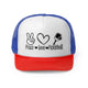 Blue/Red trucker cap with a "Peace Love Pickleball" design with a peace-sign hand, a heart, and a paddle and ball