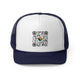 Navy trucker cap with a QR code graphic with a small circular Coast to Coast Pickleball logo at its center
