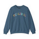 Indigo blue crewneck sweatshirt with a colorful arched PICKLEBALL text design