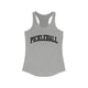 Women's racerback pickleball tank top with a bold, arched collegiate-style "PICKLEBALL" wordmark