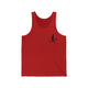 Red unisex pickleball tank top with a small silhouette of a person swinging a pickleball paddle on the chest