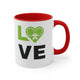 White mug with a Red accent and "LOVE" text with a paddle-and-ball heart icon