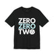 Black t-shirt with a stacked ZERO ZERO TWO text design and a pickleball replacing the O in two
