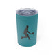 Turquoise vacuum insulated tumbler with a silhouette illustration of a pickleball player mid-swing