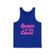 Pickleball tank top with a pink script Queen of the Court text design