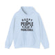 Light Blue pickleball hoodie with bold stacked "HAPPY PEOPLE PLAY PICKLEBALL" text and crossed paddles graphic