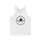 White unisex pickleball tank top with a circular Pickleball Bainbridge Island badge logo