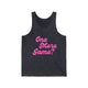 Pickleball tank top with a pink script One More Game text design