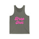 Grey triblend pickleball tank top with a pink script Drop Shot text design