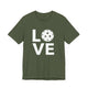 Military green t-shirt with a LOVE text design and a white pickleball replacing the O