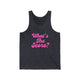 Pickleball tank top with a pink script What's the Score text design