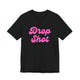 Black pickleball t-shirt with a pink script Drop Shot text design