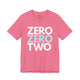 Charity pink t-shirt with a stacked ZERO ZERO TWO text design