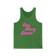 Pickleball tank top with a pink script One More Game text design