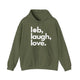 Military green pickleball hoodie with a lob, laugh, love text design and pickleball icon