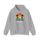 Sport Grey pickleball hoodie with a retro sunset circle with silhouetted palm trees and "West Coast Pickleball" script text