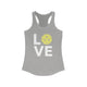 Heather grey racerback tank top with LOVE text design and a yellow pickleball replacing the O