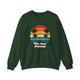 Forest Green pickleball crewneck sweatshirt with a retro sunset circle with silhouetted palm trees and "West Coast Pickleball" script text